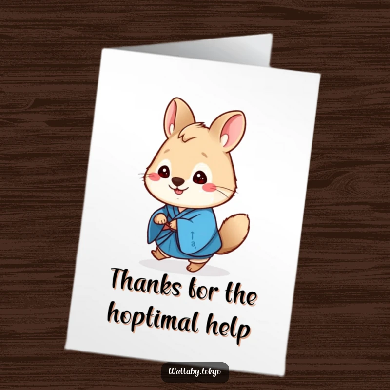 Cute Free Printable Thank You Card: A round wallaby in a vibrant blue kimono, cheerfully doing a small hop forward.