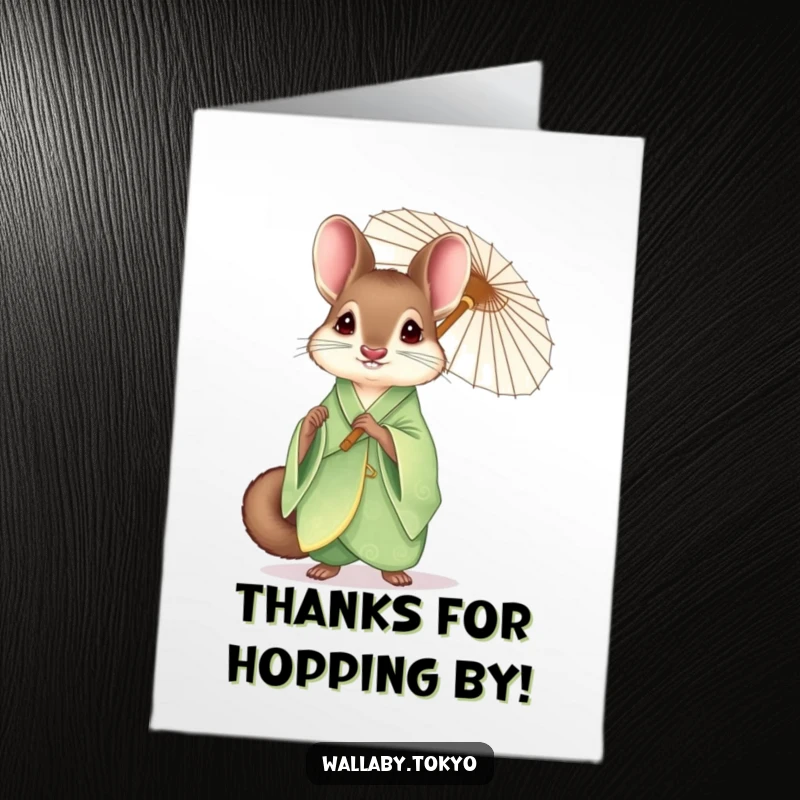 Funny Free Printable Thank You Card: Wallaby in elegant green kimono with paper umbrella, conveying thanks humorously.