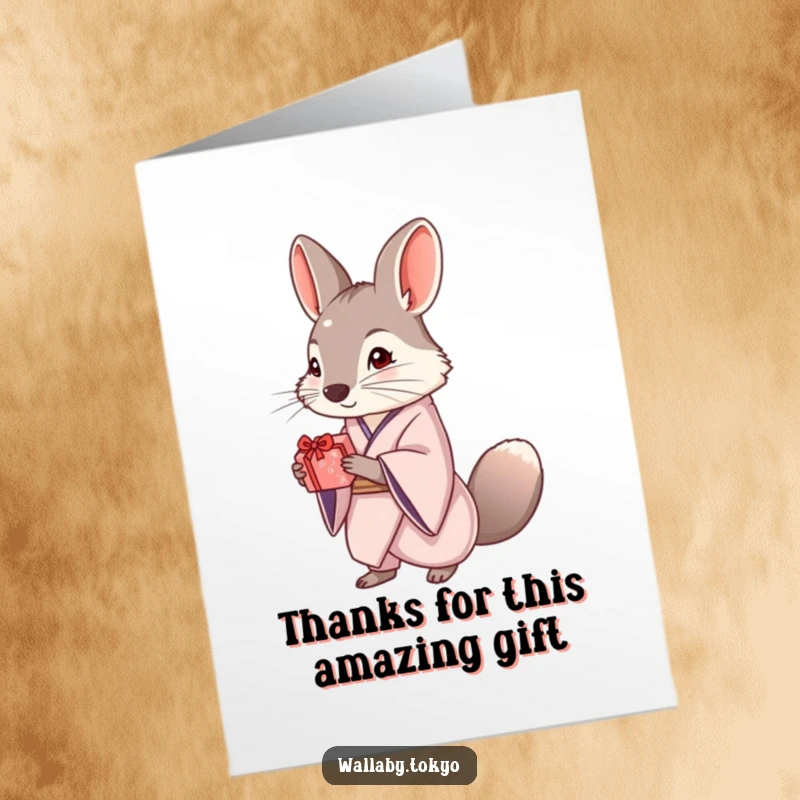 Funny Free Printable Thank You Card: Elegant wallaby in a kimono offers a small, beautifully wrapped gift, expressing thanks.