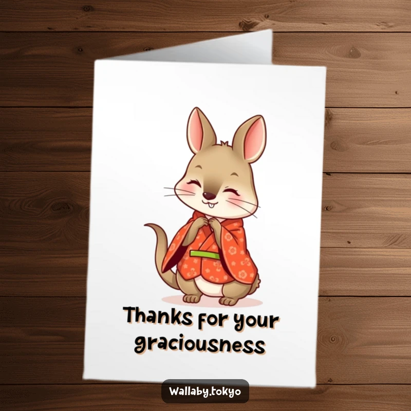 Funny Free Printable Thank You Card: A wallaby wearing a patterned red kimono, playfully bowing with a happy expression.