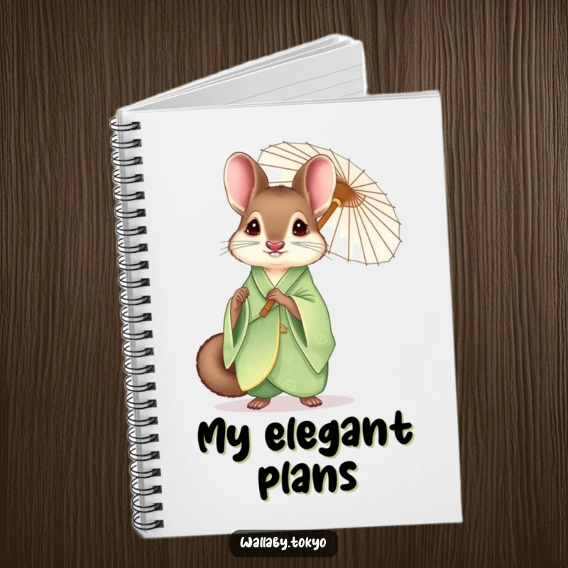 Funny wallaby in an elegant green kimono holding a delicate paper umbrella, lined notebook for writing, humorous stationery.