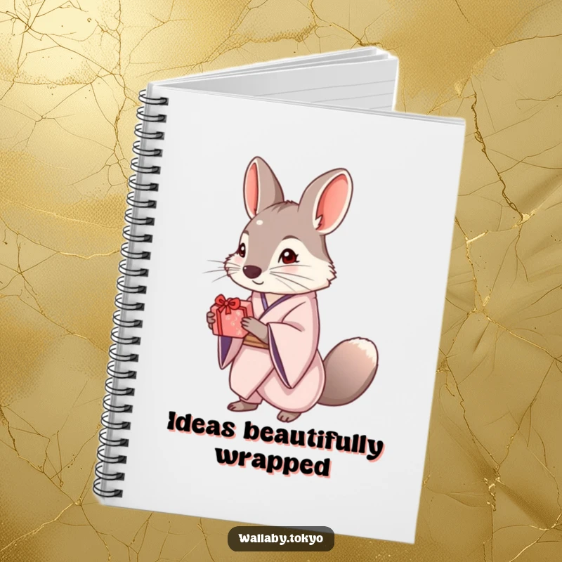 Funny notebook featuring an elegant wallaby in a kimono, offering a small, beautifully wrapped gift, ideal for journaling or sketching.