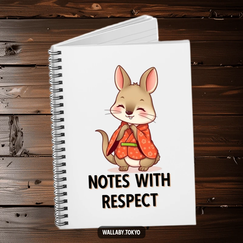Funny red kimono wallaby notebook, patterned and elegant, playfully bowing, ready for your notes.