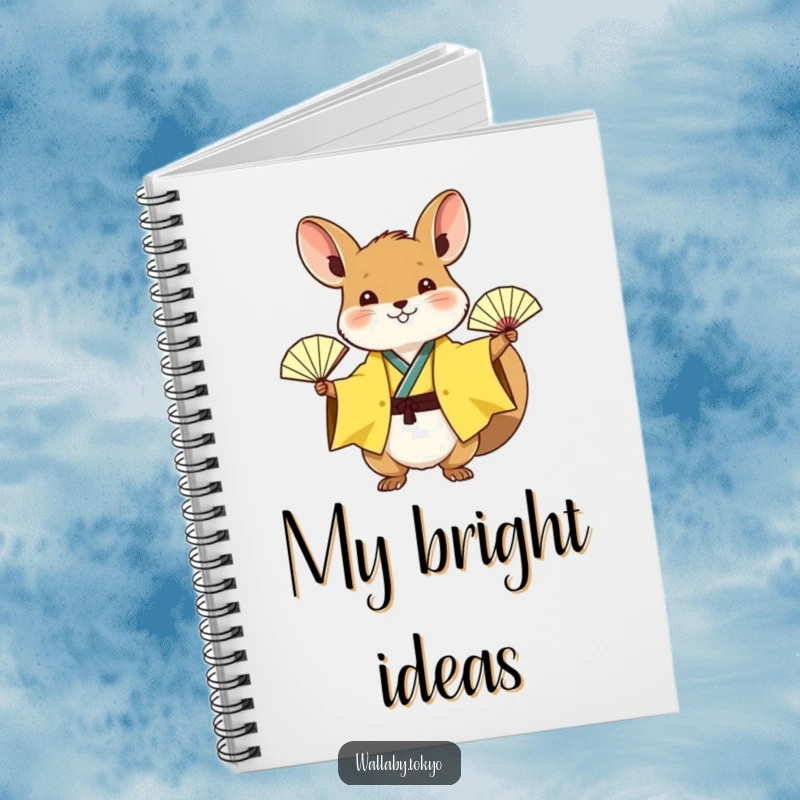 Funny wallaby in a sunny yellow kimono waving a tiny paper fan, lined notebook for writing, energetic and humorous.