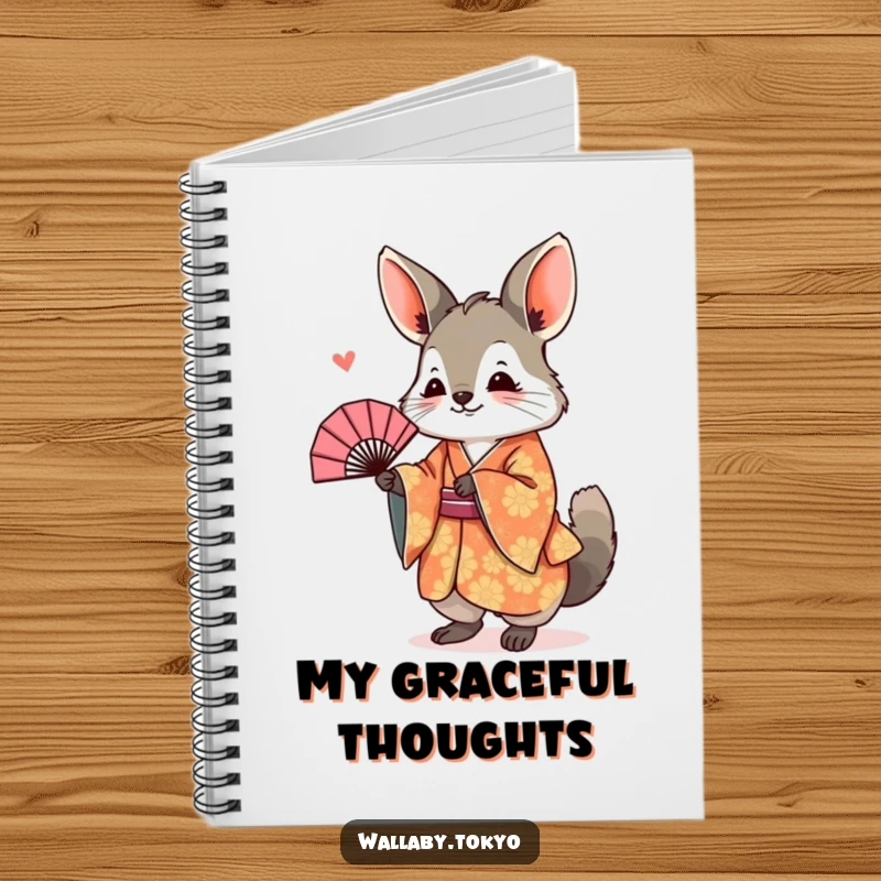 Funny Notebook with a wallaby in a kimono, joyfully bowing with a fan, a humorous and charming journal.