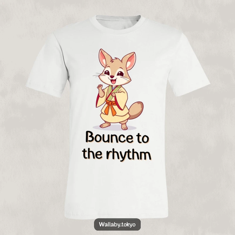 Funny Dancing Wallaby T-Shirt: A wallaby dressed in traditional Japanese attire, captured in a lively, dynamic dancing pose, looking hilarious.