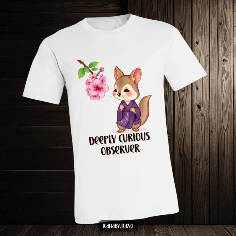 Funny wallaby in a deep purple kimono looking curiously at a blooming cherry blossom, serene and humorous t-shirt.