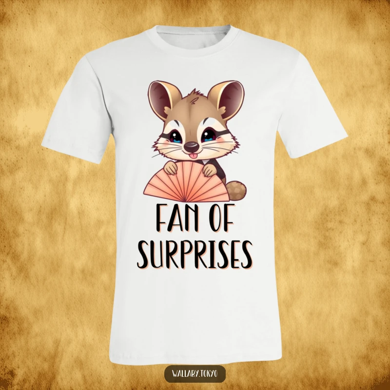 Funny Wallaby Fan T-Shirt: A wallaby elegantly dressed, using a silken fan to playfully peek, creating a humorous and stylish look.