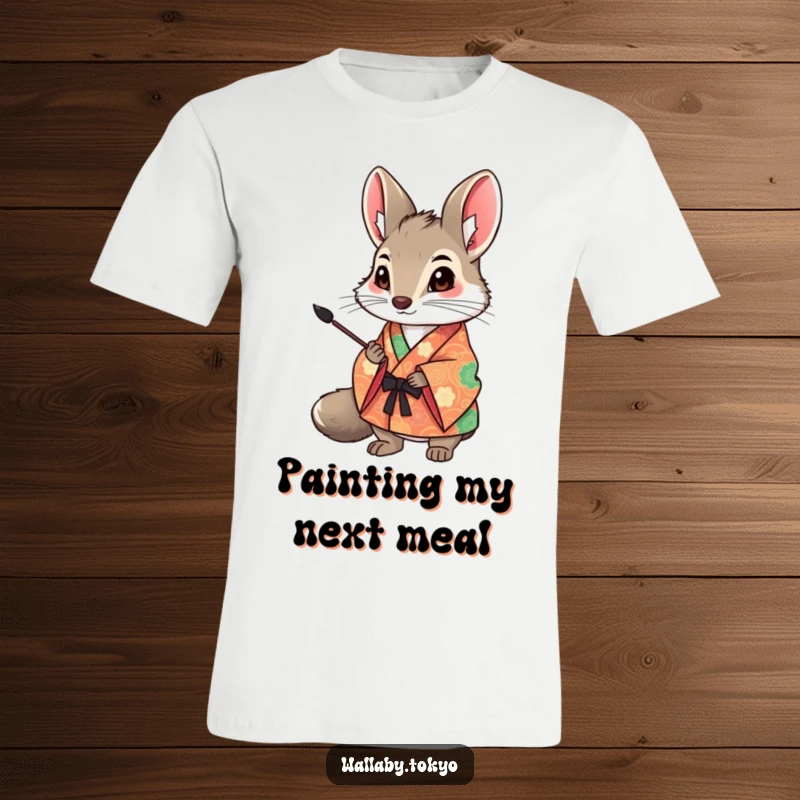 Funny Wallaby Art T-Shirt: A wallaby in a colorful, patterned kimono holds an ink brush, embodying creative and hilarious artistic expression. Perfect funny gift.