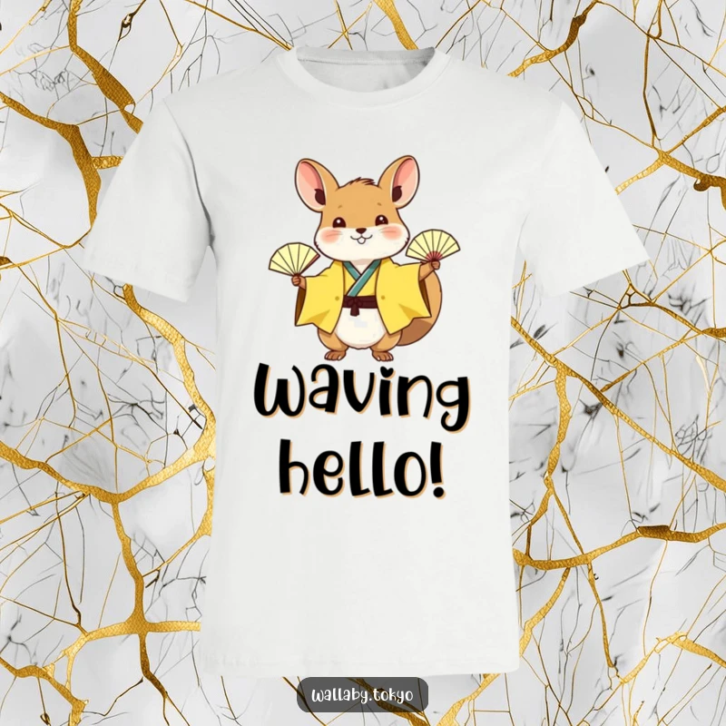 Funny wallaby in a sunny yellow kimono energetically waving a small paper fan, vibrant and humorous t-shirt design.