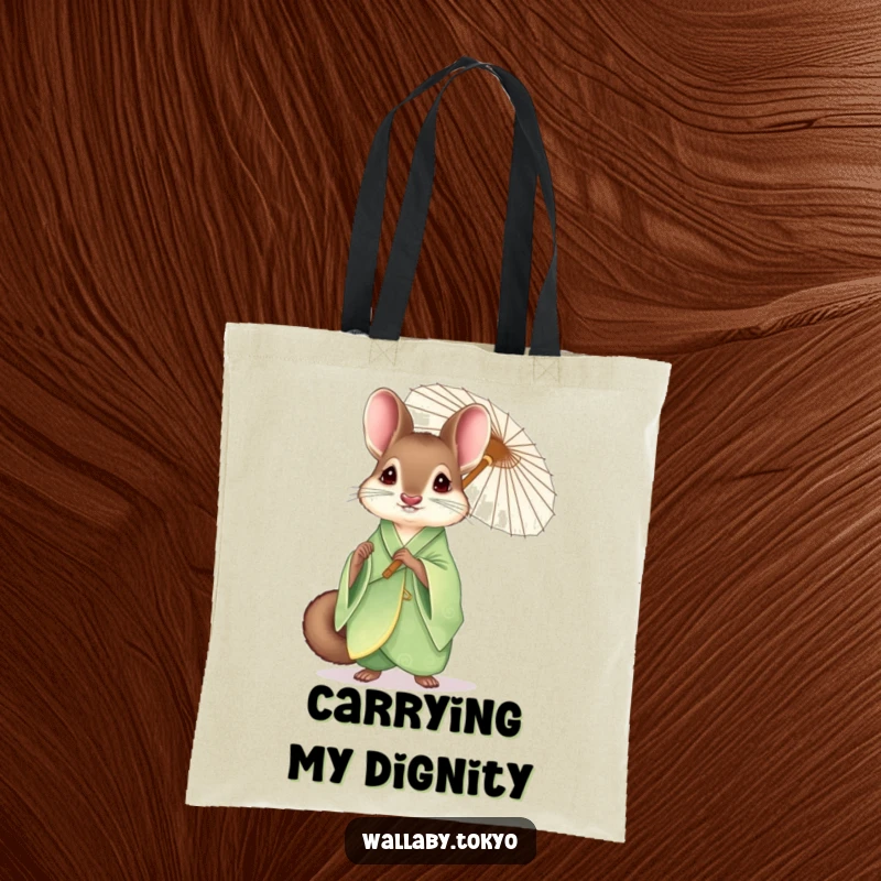 Funny wallaby in an elegant green kimono holding a delicate paper umbrella, a stylish and humorous tote bag.