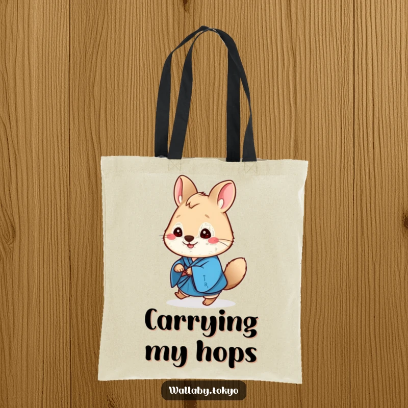 Funny wallaby tote bag, wearing a vibrant blue kimono, mid-hop with a super cheerful expression.