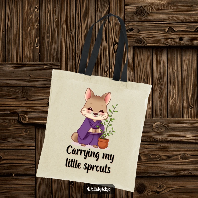 Funny Wallaby Zen Tote Bag: A wallaby in a purple kimono tends to a tiny bamboo, a humorous and peaceful tote for daily use. Ideal funny gift.