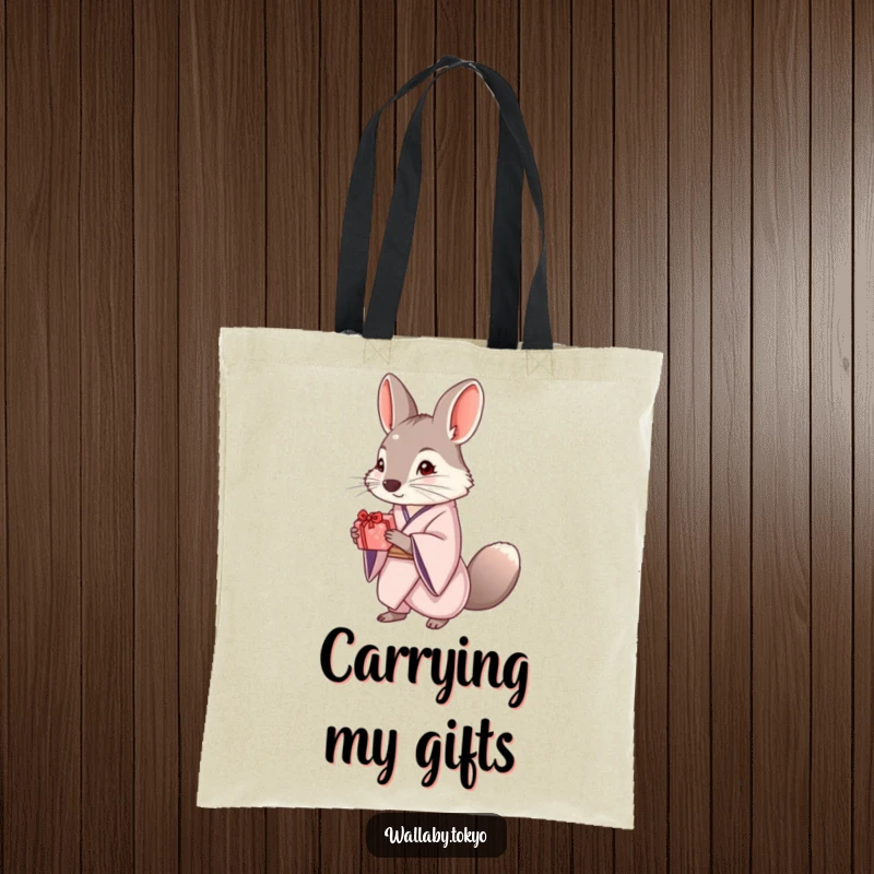 Funny tote bag with an elegant wallaby in a kimono offering a small, beautifully wrapped gift, perfect for shopping or daily use.