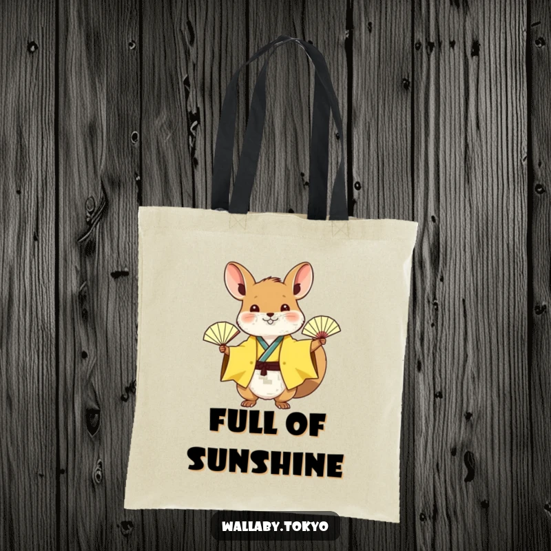 Funny wallaby in a sunny yellow kimono waving a tiny paper fan, cheerful and humorous tote bag design.